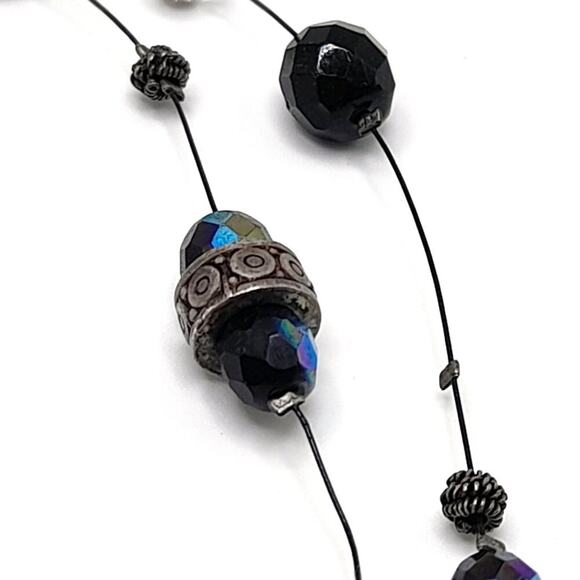 Chico's Black Wire Two Strand Bead Rhinestone Necklace, AB Beads, 19 Inches - Picture 9 of 10